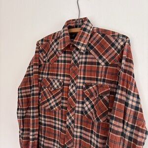 Vintage WRANGLER pearl snap flannel orange brown size SMALL made in usa western